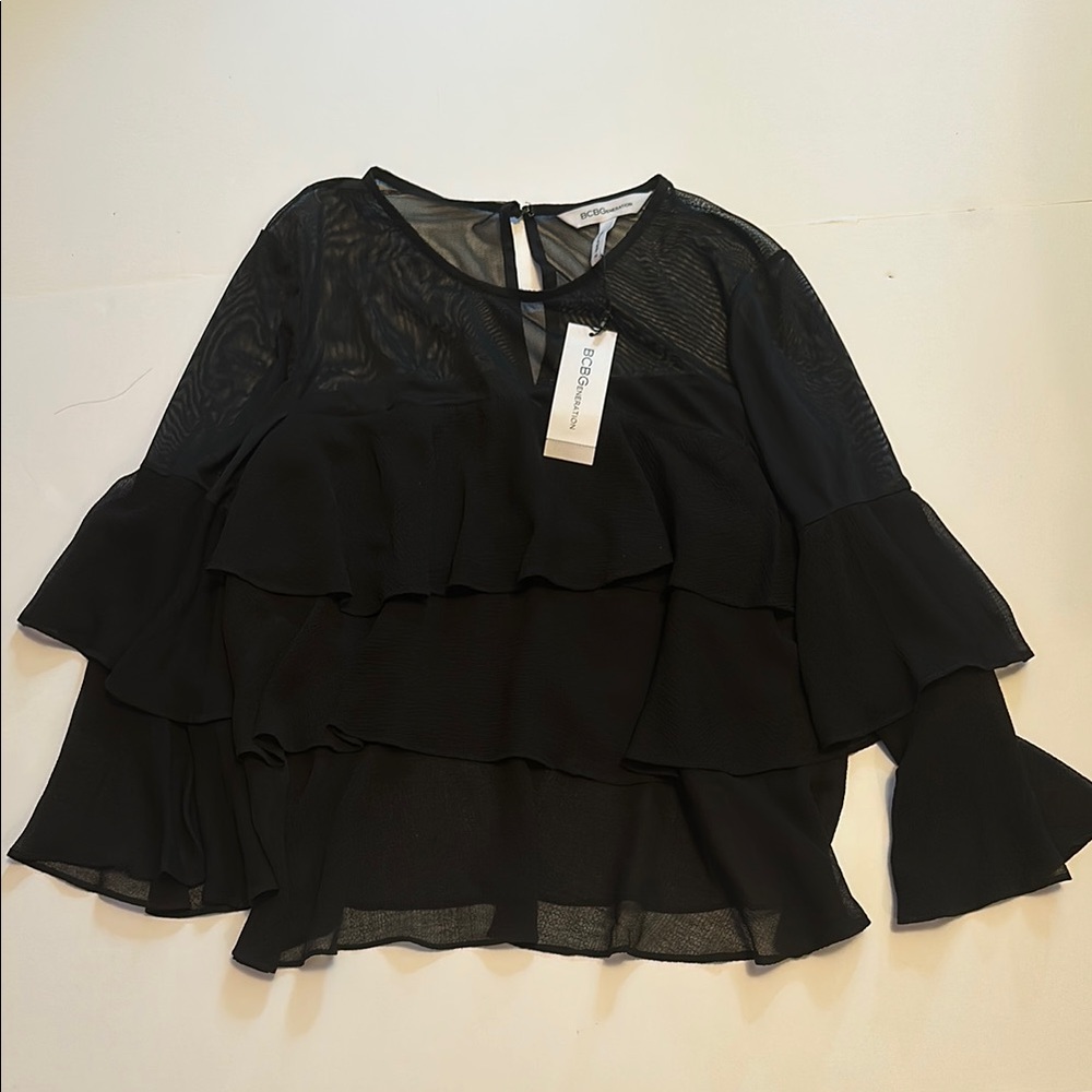 BCBGMAXAZRIA Women's Black Ruffle Top